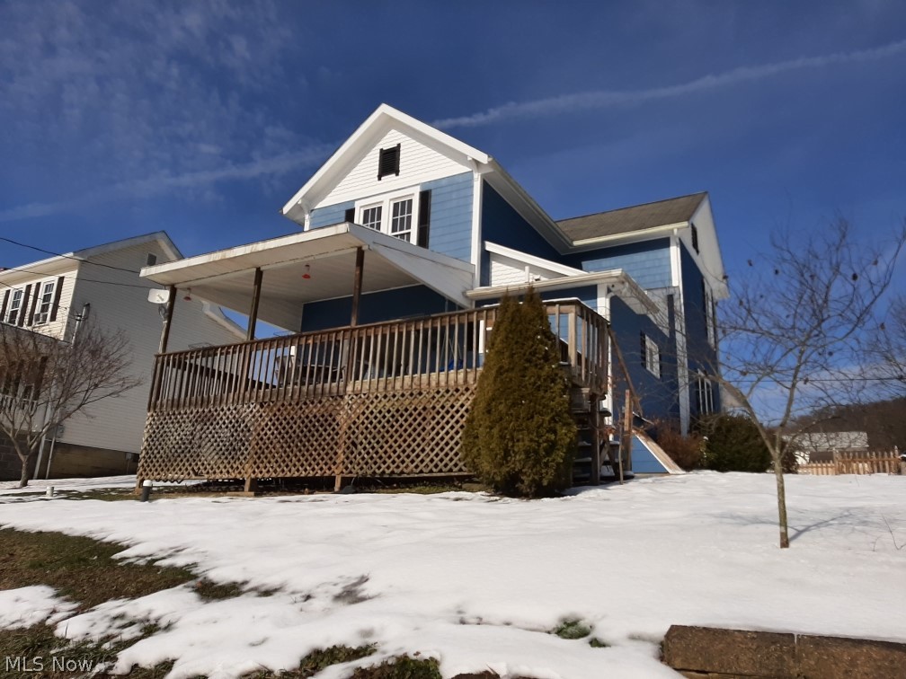 Two story home in move in condition with four bedrooms, two full baths on first floor, fenced in back yard oversized detached garage. A 24 x 12 covered porch with attached deck area for your grill and river view. Back porch with concrete floor. Water source is a public well.