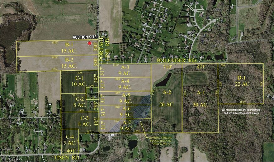 Exciting Real Estate Opportunity - 180-Acre Farm Offered In 14 Parcels - Summit County - Springfield Township & Portage County - Suffield Township - Springfield Local Schools - Just North Of Hartville - ABSOLUTE AUCTION, all sells to the highest bidder(s) on location: SATURDAY - MAY 12, 2018 - 11:00 AM - REAL ESTATE: This 180 acres of land offers multiple uses and is currently being farmed. This property is level in nature and lays very nice. This farm includes wooded areas, pond and a large amount of road frontage. This property will be offered in 14 parcels then combined and will sell whichever way brings the most. All mineral rights owned by seller will transfer to the new buyers.  THIS IS PARCEL A-4 - 9 acres of land and offers 317 feet of road frontage. AUCTIONEER'S NOTE: This property offers good soils if you want to continue to farm. Soil tests have been done and will be on display auction day. Property joins Summit County Park system. Make this your next real estate investment.