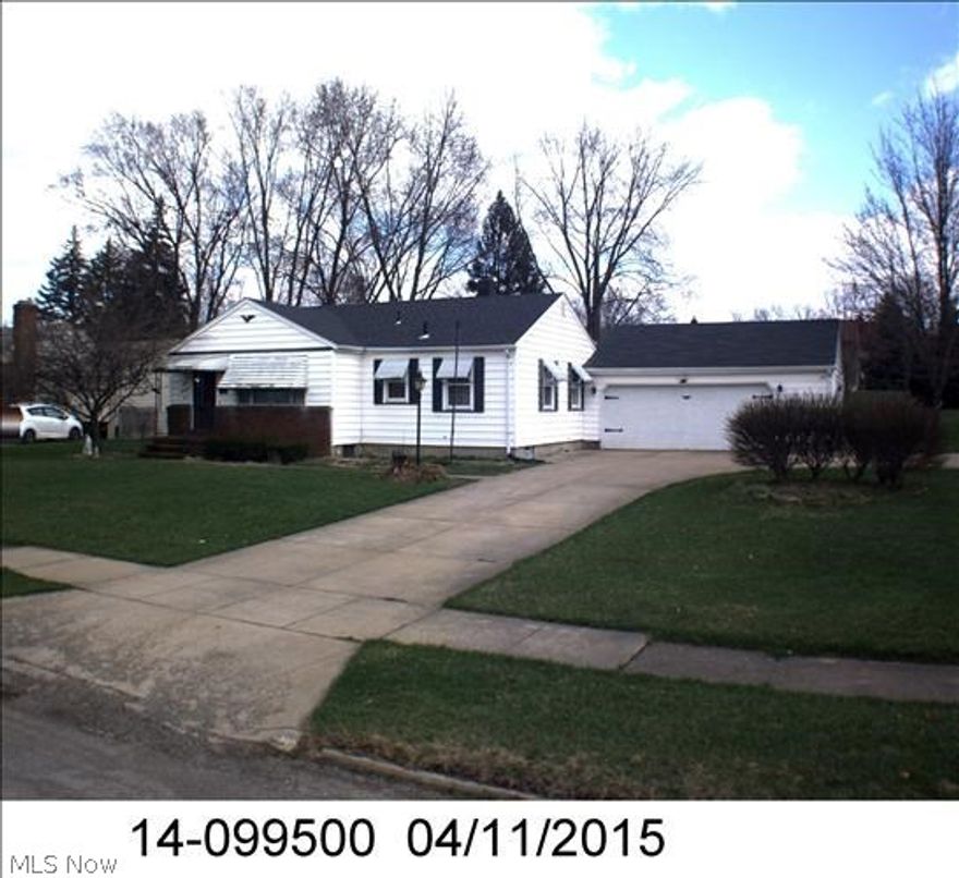 Three Bedroom, One Bath, Aluminum sided Ranch w/half front brick accent.  Attached double garage. Enclosed rear porch. Concrete driveway. Corner lot with driveway access to two streets. Large LR with gas fireplace (which needs to be checked before use). Kitchen with formica front cabinets and 8x10 dinette area which has sliding doors out to the rear yard. Updated main floor bathroom. Full basement which is divided. Appliances and washer and dryer are included. Electric breaker box, 100 amp service. Central A/C. Bathroom in the basement has not been used for over 10 years and it is unknown what works and what does not work in that bathroom. Some TLC will add value to this home which is located in a neighborhood of higher priced properties. Priced far below tax value for quick sale. Estate sale. "As is" condition. WON'T LAST LONG! CALL TODAY!