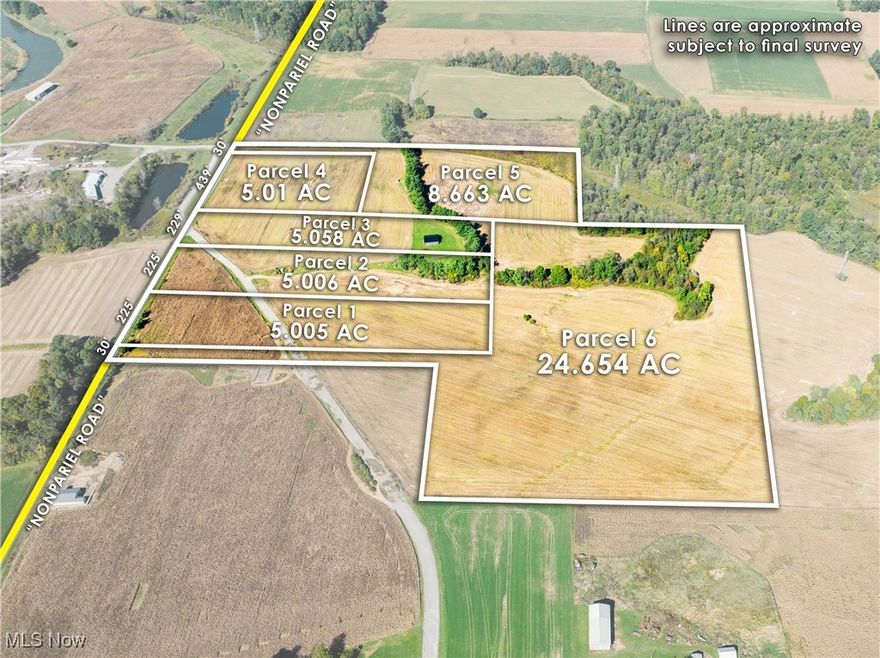 53.3 acres with superb building sites being sold at auction! In a prime location just west of Fredericksburg! Has approx. 1178’+ total frontage on Nonpariel Rd. 

6 parcels ranging from 5 to 24 acres each. Parcel 1: 5.005 acres open land. 225’ frontage on Nonpariel Rd.