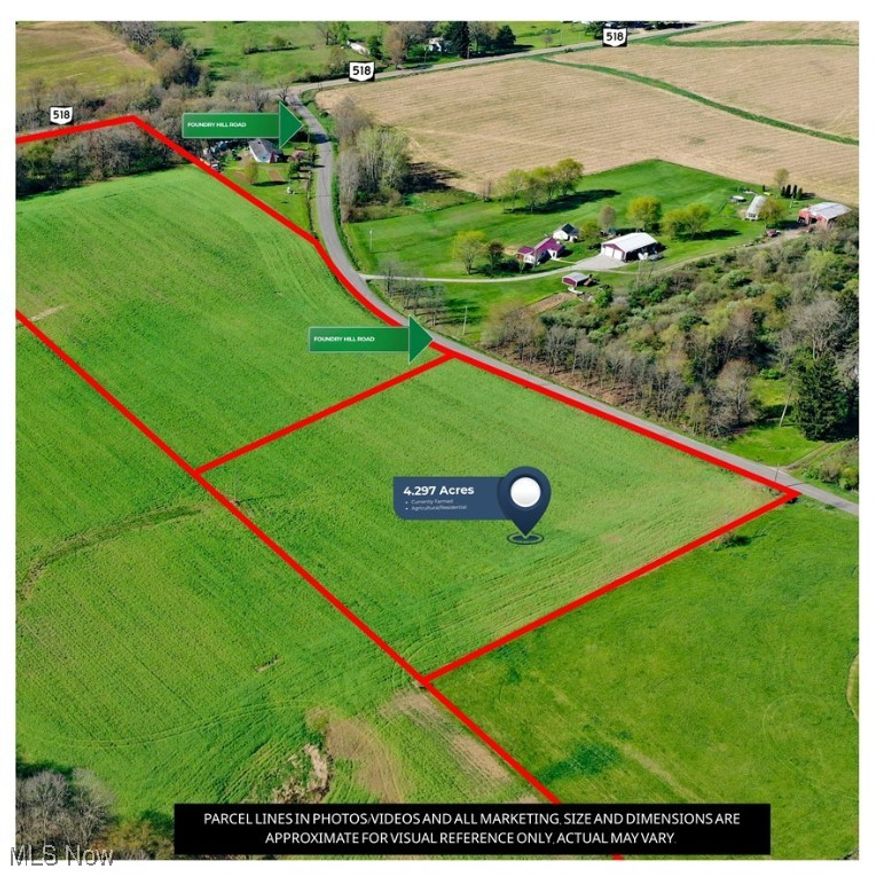 Endless Potential on 4.297 Acres-Agricultural/Residential Development Opportunity | Columbiana County | Southern Local School District. This level, *tillable 4.297 Acre parcel is currently being used for crop farming providing income until you expand your farming operation or are ready to build your dream home where you can enjoy sustainable living, hobby farm, boutique operation or develop with several beautiful homesites. Frontage on Foundry Hill Rd. This property is available individually or as part of a larger offering totaling approximately 105.852 acres when combined with adjoining parcels. It’s an excellent opportunity for developers, investors or anyone seeking space, privacy and multiple options for use. Acreage by parcel with MLS# , 5129999 (4.297 AC.), 5130001 (8.91 AC.), 5130009 (13.65 AC.), 5130011 (78.995 AC.) , and 5132328 (105.852 AC. Combined). PLEASE NOTE: Any applicable Gas, Oil, Coal, Timber and Mineral Rights are Negotiable. HIGHLIGHTS INCLUDE: 4.297 Acres (partially level, usable terrain *4 +/- AC. Portion tillable (Currently planted, farmer will harvest current crop). Don’t miss this opportunity to own a versatile piece of land that offers flexibility, functionality and long-term promise. Call today for more information. Parcel lines in photos/videos and all marketing (size and dimensions) are approximate for visual reference only, actual may vary. This property is owned by a trust affiliated with a licensed real estate agent/REALTOR® in the state of Ohio. The licensed agent/REALTOR® also maintains a business relationship with the listing agent and brokerage. ALL LAND IS CURRENTLY PLANTED IN CROPS PLEASE DO NOT WALK THE PROPERTY WITHOUT PRIOR COMMUNICATION AND APPROVAL. SHOWINGS BY APPOINTMENT ONLY. CONTACT THE LISTING AGENT TO SCHEDULE A VISIT.