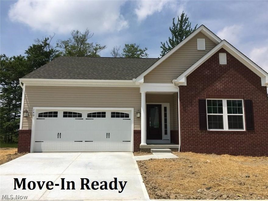 Unique opportunity to move-in right into a beautiful BRAND NEW RYAN HOME!  This beautiful ranch includes 2 bdrms, 2 full baths and study.  This home will make a great first impression with partial brick front, gorgeous glass front door and carriage style garage door.  As soon as you open the front door you will fall in love with the open design.  The large foyer has tray ceiling with crown molding and French Glass Door lead to a convenient office or den.  This massive kitchen is going to be great for entertaining or cooking with massive island with breakfast bar.  The cherry cabinetry has been extended to include a glass hutch.  The light filled morning room off the kitchen is a great space to enjoy meals and wooded views.  The owner’s suite has a sitting room, large walk-in closet and bath with walk-in shower and dual sinks. Don’t forget to check out the basement that has added windows and rough-in for future bath.  A comprehensive home warranty will give you years of peace of mind.