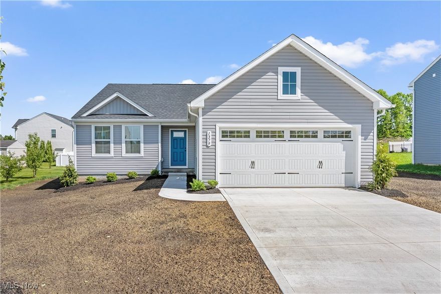 Welcome to this beautifully crafted 3-bedroom, 2-bath ranch by Ryan Homes, built in 2025 and offering single-level living with thoughtful design and modern finishes. Step inside through a spacious entrance foyer that sets the tone for the open, airy layout throughout the home. At the front of the home, you'll find two generously sized bedrooms with large closets, perfect for guests, family, or a home office setup. A full bath with a shower/tub combination serves this area, providing both function and comfort. The heart of the home is the open-concept living area that seamlessly flows into the kitchen—ideal for entertaining or everyday living. The kitchen boasts stainless steel appliances, a large farmhouse sink, and easy access to the backyard, where there's an opportunity to add a deck to enjoy outdoor dining or relaxation. Convenience is key with a main floor laundry room located just off the kitchen, simplifying daily chores. Retreat to the spacious master suite, featuring a 6x11 walk-in closet and a luxurious ensuite bath complete with a dual sink vanity and an oversized walk-in shower with built-in shelving. Additional highlights include an attached 2-car garage, a large unfinished basement with potential for future living space, and freshly planted grass with room for personalized landscaping touches. This brand-new home offers the perfect combination of style, space, and functionality—ready for you to move in and make it your own.