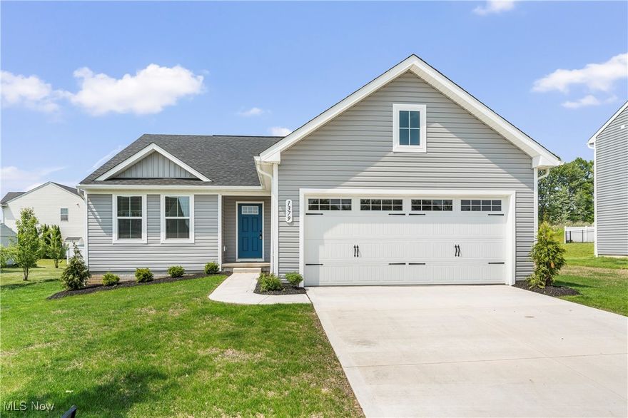 Welcome to this beautifully crafted 3-bedroom, 2-bath ranch by Ryan Homes, built in 2025 and offering single-level living with thoughtful design and modern finishes. Step inside through a spacious entrance foyer that sets the tone for the open, airy layout throughout the home. At the front of the home, you'll find two generously sized bedrooms with large closets, perfect for guests, family, or a home office setup. A full bath with a shower/tub combination serves this area, providing both function and comfort. The heart of the home is the open-concept living area that seamlessly flows into the kitchen—ideal for entertaining or everyday living. The kitchen boasts stainless steel appliances, a large farmhouse sink, and easy access to the backyard, where there's an opportunity to add a deck to enjoy outdoor dining or relaxation. Convenience is key with a main floor laundry room located just off the kitchen, simplifying daily chores. Retreat to the spacious master suite, featuring a 6x11 walk-in closet and a luxurious ensuite bath complete with a dual sink vanity and an oversized walk-in shower with built-in shelving. Additional highlights include an attached 2-car garage, a large unfinished basement with potential for future living space, and freshly planted grass with room for personalized landscaping touches. This brand-new home offers the perfect combination of style, space, and functionality—ready for you to move in and make it your own.