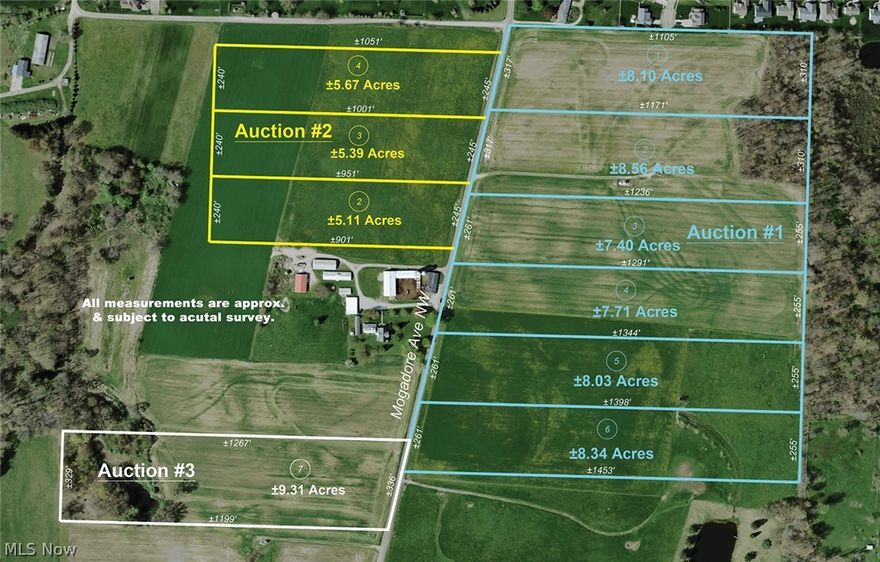 Exciting Real Estate Land Auction - 74 Acres - Great Development Potential & Country Building Sites with Sewer & Water Available - Ranging From 5+ Acres To Over 8+ Acres Each - Lake Schools, Lake Twp., Stark Co. - Live Onsite With Online Bidding Available. ABSOLUTE AUCTION, all sells to the highest bidder on location. ONLINE AND LIVE ON-SITE BIDDING WILL BEGIN SATURDAY, APRIL 27, 2024, 10:30 AM. Auction #2: (3) 5+ acres adjoining tracts. All on the west side of the road. All open and gently rolling farmland. 
Parcel #2-2: 5.10 acres, 245’ frontage. Parcel #2-3: 5.38 acres, 245’ frontage. Parcel #2-4: 5.65 acres, 245’ frontage. Property to be sold as Separate Parcels, Bidder’s Choice, and not to be offered as an Entirety. Note: Maps at the site or visit us on the web. Any questions on financing call the auctioneer. TERMS ON REAL ESTATE: 10% down auction day, balance due at closing. A 10% buyer’s premium will be added to the highest bid to establish the purchase price. Any desired inspections must be made prior to bidding. All information contained herein was derived from sources believed to be correct. Information is believed to be accurate but not guaranteed. See MLS #5029474(Auction 1), #5029491(Auction 2), #5029494 (Auction 3).
