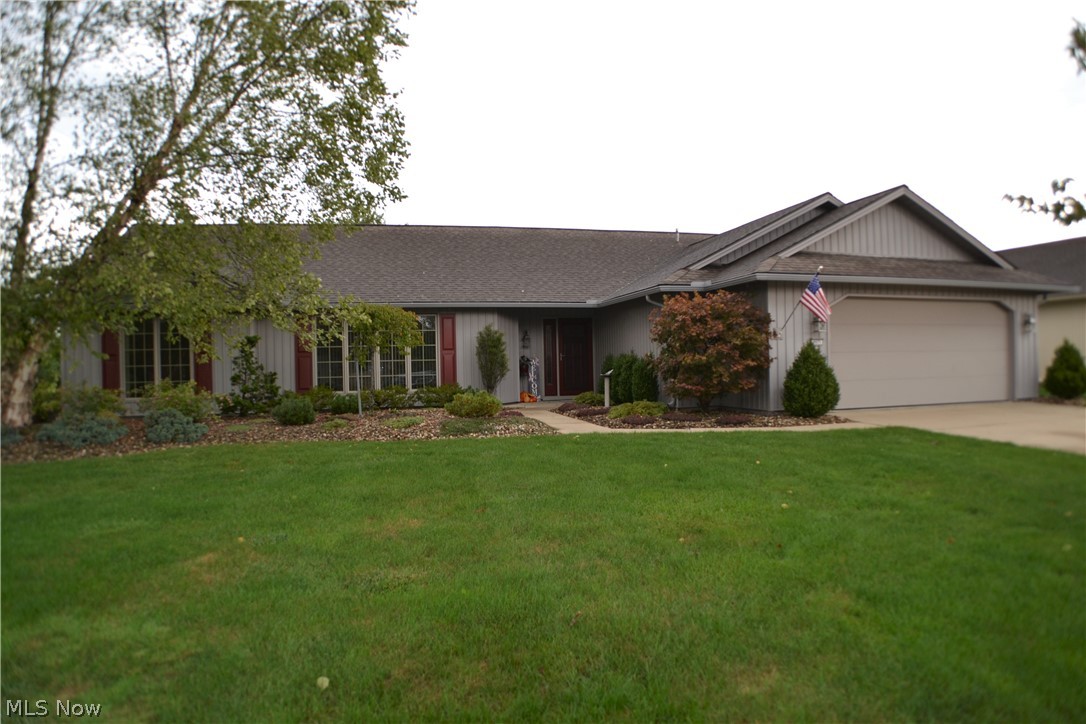 Immaculate! Fantastic lot! What a beauty...features include a cathedral ceiling great room with corner wood burning fireplace, spacious kitchen with cathedral ceiling and skylight, snack bar island, tile backsplash, granite counter tops, stainless Samsung appliances (2017) and double pantry, master suite with double sink vanity, shower, soaking tub, and large walk-in dressing room with custom built-in wardrobe chests, two additional bedrooms (split bedroom floor plan) plus 19' x 12' family room or office. Oversize two car garage with pegboard, door operator, pull-down stairs to overhead storage, hot and cold water and floor drain. Extended patio with views of large green area (no direct neighbors rear and one side.) All custom window treatments remain, extra storage throughout, irrigation system (2019), new roof (2011), attached storage shed, upgraded landscaping, and much more. Subdivision Olympic-size pool, children's pool, clubhouse, fitness center, and play area. Don't miss t