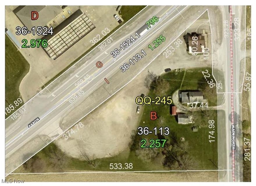 The property is located on the southwest corner of State Route 57 and 585. Included in the sale is a house with the address of 10256 Wadsworth Road, Marshallville. This home is approximately 1560 sq ft in size and has a detached one car garage, it is currently rented for $905.00 per month. Also included in the sale is a structure that is approximately 1260 sq ft in size and was previously used as a restaurant but has been vacant for several years. Current parcel is about 2.25 acres, new property lines and possibly a new parcel number will be assigned before closing. Additional acreage available.