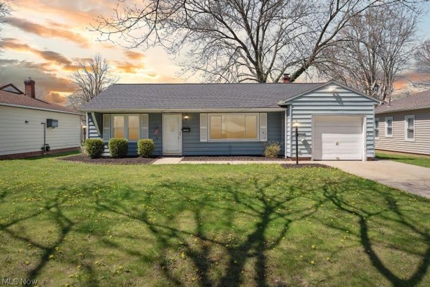 Welcome to one floor living in this well-maintained ranch style home in Parma Heights. Walk into this cozy living room with an electric fireplace and neutral decor. The home features a large functional kitchen with modern decor, new hardware, counters, backsplash, faucet and fixtures with all appliances included. This cozy ranch features two bedrooms and a completely remodeled full bath. There is a first floor laundry that leads out to a one car attached garage. The backyard features a covered patio with a fenced yard and a shed for extra storage. Updates include newer, roof, vinyl windows, newer hot water tank, modernize kitchen, completely updated bathroom 2023 and an updated shed. All appliances stay. Close to shopping recreation and schools. Hurry this won’t last!