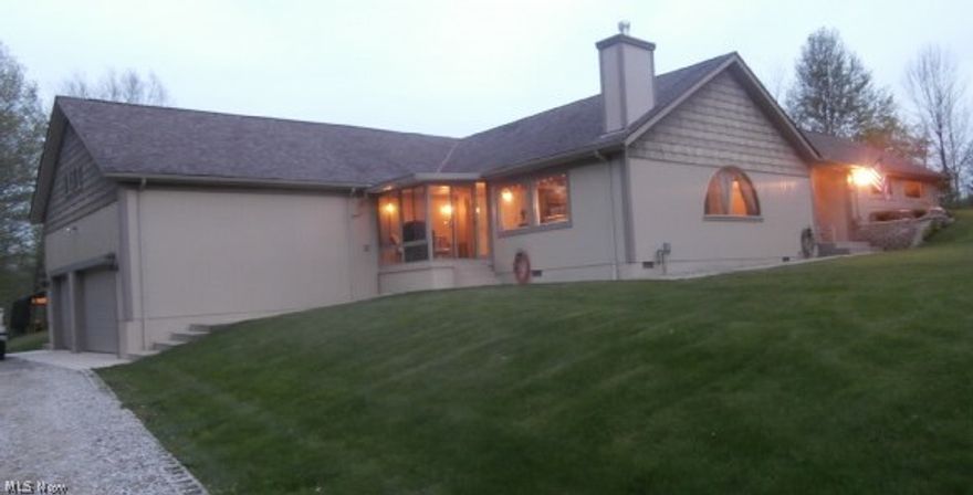 3303 Co. Rd. 172, Chesterville (Morrow County, Highland Schools). 2 miles from SR 95-I-71 Intersection for easy commute. 10 Acres, 3-4 Bedroom, 3 Full Bath, open floor plan, 2 master suites or potential in law suites, huge family room over garage, that could be a bunkhouse room or home theater, two sunrooms, secluded setting back off road that opens up to 5+ Acres of pasture or hay field & more woods & year-round stream. 3 Car garage. The huge great room has a top-of-the-line free standing wood stove for cozy warmth & surround sound for entertainment enjoyment. Foyer and guest suite has warm radiant hot water heat in flooring. 3 car garage with workshop area. Quality made with durable Hardy Plank Siding. Long driveway is wide and well-constructed with fresh limestone over durable base of #2's, to withstand semis or heavy equipment. Room for horses, llamas, cattle or just enjoy the great outdoors.