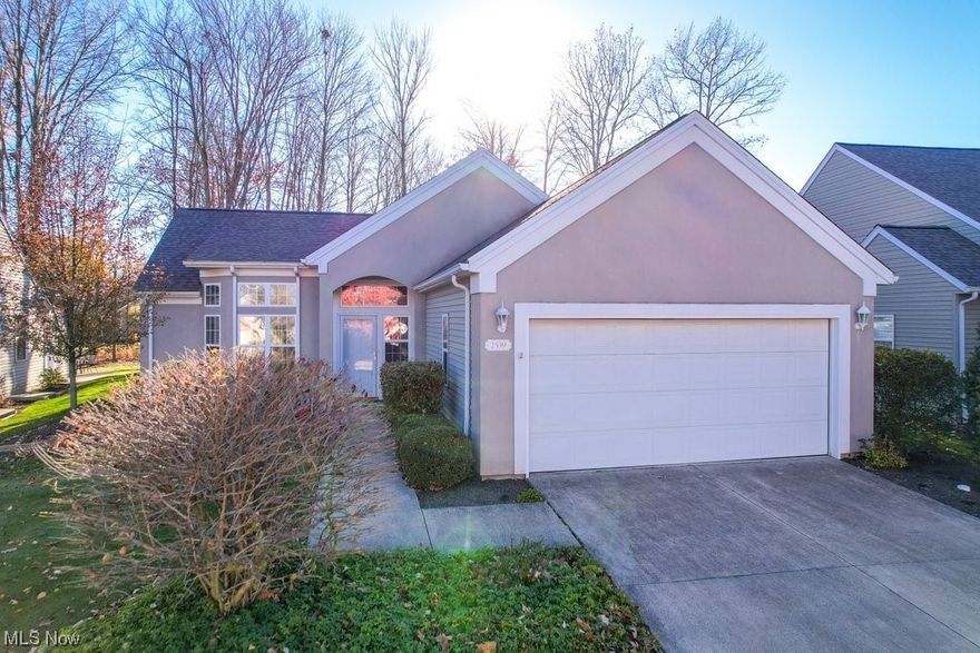 The Woods of Ethan's Green! A perfect name and setting for this beautiful development in Twinsburg. Finally, the 2 bedroom, 2 bath ranch cluster home that you have been waiting for. This spacious home awaits your private palette of color and the special touches only you can bring to make it home sweet home. Enter, and the first thing you notice are the dramatic vaulted ceilings in the living room, kitchen and dining room with plenty of natural sunlight  The living room, with gas fireplace and book shelves, keeps it "cozy" during the cold, winter evenings. The spacious eat-in kitchen has a slider door to the patio WITH a retractable awning for those sunny days of summer. Plenty of green space for your furry friends as well. The dining room, between the kitchen and the living room, is OH SO perfect for a smaller family room, the must have home office or a play area. Down the hall to the master bedroom with LARGE walk-in closet and an en-suite bathroom with a separate tub,walk-in shower and dual sinks. The second bedroom has two closets and a full main bath completes that end of this home. The two car garage features added storage with a floor and pull down ladder.  Enter from the garage, and you will find the mud/ laundry room. If you are ready to downsize, this home could be just perfect for YOU! Twinsburg amenities include the Rec Center (with pool)  plenty of shopping, restaurants, UH, Cleveland Clinic, and easy access to the freeways.Everyone has a story...begin yours here!