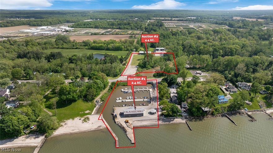 Lake Erie Cranberry Creek Marina Property and Adjacent 4.4 Acres with 5,000 Sq. Ft. Heated Building Currently Used for Boat Storage - Berlin Township, Erie County - Buy One or Both! Live Auction with Online Bidding. ABSOLUTE AUCTION, all sells to the highest bidder on location. ONLINE BIDDING BEGINS SATURDAY, JUNE 15, 2024 – 12:00 PM and AUCTION LIVE ON-SITE BIDDING WILL BEGIN TUESDAY, JUNE 18, 2024, 12:30 PM.  Auction #1: 4319 Cleveland Rd. E., Huron, OH - Rare opportunity to own a lakefront property with a well-established business, Cranberry Creek Marina located in Lake Erie Central Basin. Approx. 2.4 acres of lakefront with a white sand beach. 4,500 sq. ft. building with showroom and sales area, workshop with 2 overhead doors, offices, and storage. Fuel sales are available. Currently, the marina has 55 boat slips and 34 jet ski docks all rented. Private boat ramp launch. Detached storage/sales/utility barn. The property has been very well-maintained over the years. Business is available for purchase after the season, call for details. Erie County parcels #0100392000, #0101365000, and #0101366000.  Auction #2: 7421 Hahn Rd., Huron, OH - 4.4 acres directly across from the marina. 48x104 (approx. 5,000 sq. ft.) heated building constructed in 2020 with heat, insulation, concrete floors, finished metal inside, and 2 overhead doors. The property was used for indoor/outdoor boat storage. Perfect to run a business out of. Conveniently located to OH-2 expressway. Erie County parcel #0100394001. Properties will be open for preview on Thursday, June 13, 2024, at 11:00 AM, call to schedule. Note: Marina business with the current lease through Dec 31, 2024, is available for sale to the real estate buyers. Auctions 1 & 2 sold together as an entirety.