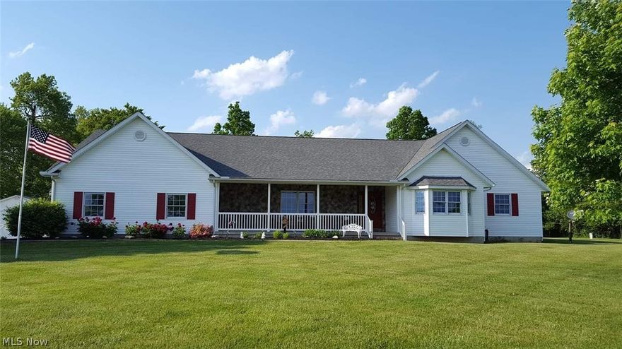 This beautiful ranch sits on 2 + acres of land in Tri Valley School district ( Nashport Elementary ) This home features a large kitchen dining area, formal living room ,and large closets throughout. Hardwood floors run though the kitchen, dining area, foyer, and great room. Kitchen and bathrooms feature custom built cabinets. Nice first floor laundry room includes a washtub and newly purchased washer and dryer. Spacious master bedroom includes bay window, a huge walk in closet, and a master bath with jacuzzi tub and walk in shower. All bedrooms have ample natural light. Highlighting this beauty is a one of a kind Great Room with stone fireplace, cedar log siding walls, and pine cathedral ceiling. Nearly 2500 sq. ft. of living space on the first floor. There is a full basement with poured concrete walls that is ready for your finishing touches. Large covered front and back porches with the back overlooking the patio and private back yard.
