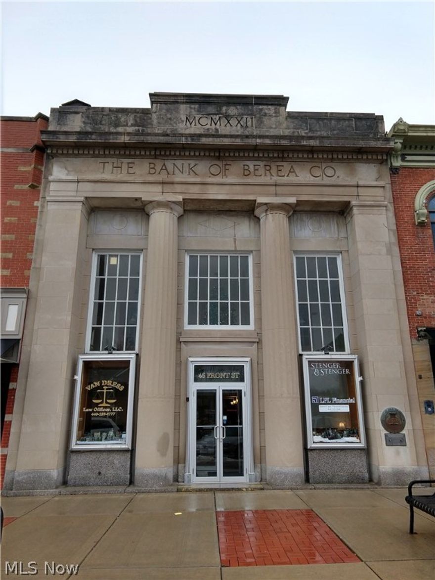 Excellent Private offices with use of conference room, Kitchenette, Lobby, etc.  Located on the Triangle in the heart of Downtown Berea facing the beautiful Clock Tower and the beautifully landscaped Triangle.  Many shops, restaurants, and coffee shops in the area.  Parking in front of the building or in the large municipal lot in the rear.  Rear entrance as well as the front of the building.  Very impressive building with outstanding façade.  Well maintained with a very conscientious landlord who is also a tenant in the building.