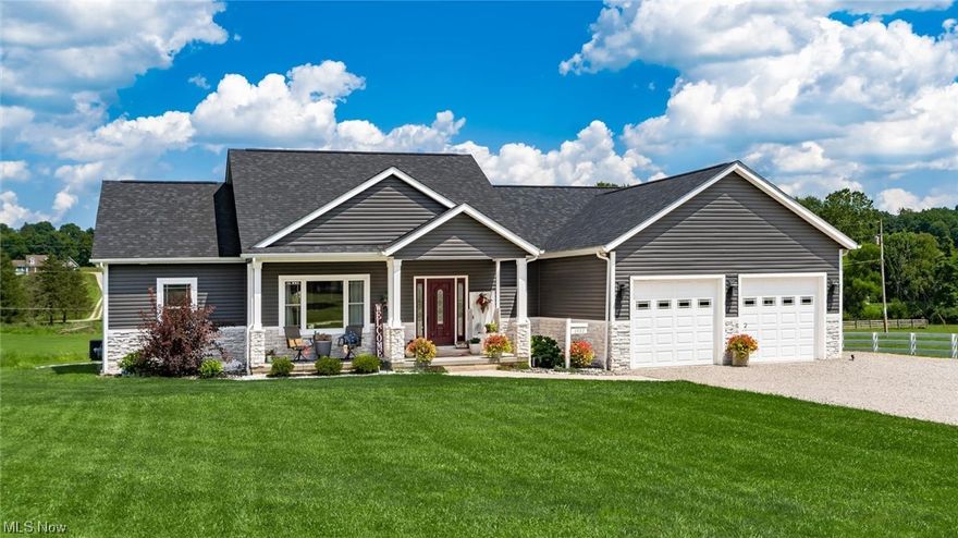 Wow!! Newer custom built ranch home situated on 2 acres that has great curb appeal and has been well maintained. Open kitchen/dining/living room with 9' ceilings throughout.  Custom kitchen with granite countertops, tiled flooring and oversized island. Extra large master suite with walk in closet, tiled shower. 1st floor laundry, full walkout basement that is ready to be plumbed for 3rd bathroom and finished!  Multi-tiered deck with above ground pool and hot tub!  Acreage is flat and sprawling! 30 day possession after closing.