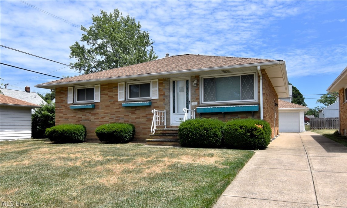Single floor living in Euclid awaits you! This immaculately maintained brick ranch is ready for its new owner! Front entranceway with tile opens to a forward living room that receives a lot of natural light flowing in the front picture window. Three bedrooms and one full bathroom, all with great closets! Your large Eat-in-kitchen is a great size and has a detailed decorative wall mural, and gorgeous built-ins. Big sliders let in the light and open out to your fabulous covered rear patio! Which features beautiful railings with intricate details. An excellent yard for relaxing and/or entertaining! Plant a garden, this yard gets great rays! Detached 2 car garage. Basement has been waterproofed and boasts a large recreational side as well as a spacious utility side, with storage and laundry... and another bonus full bath!! This home is located conveniently to i90, Cleveland Clinic Euclid, is moments from Lake Erie and fabulous The Euclid Creek Reservation! Hop and a skip from downtown as well! The Seller is generously offering a 1 year home warranty for the Buyer's peace of mind. Please enjoy our attached video tour and request your showing today. Offers are due by 4pm on 7/14.