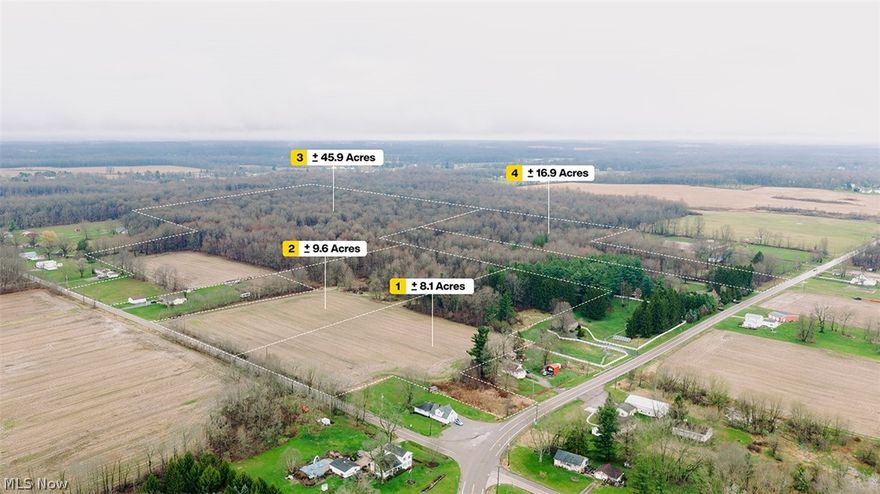 Exciting Land Auction, 80.5 Acres, Nearly All Wooded With Some Nice Timber, Ellsworth Twp., Mahoning Co., Western Reserve Schools, Offered In Four Parcels & As Unit, Parcels Ranging From 8.1 Acres Up To 45.9 Acres Each, Frontage On Western Reserve Rd. & Rt. 45, Live Onsite With Online Bidding Available, Absolute auction, all sells to the highest bidders. ONLINE AND LIVE ON-SITE BIDDING WILL BEGIN TUESDAY MAY 5, 2026 at 6:00 PM. Deer, turkey, loads of wildlife. Come walk them over. You’ll love these parcels. 80.5 acres total. 90% wooded, large timber plus few pines and other nice hardwoods. Gas and oil mineral rights do not transfer. Convenient location. Parcel #1: 8.1 acres, over 50% open, balance wooded. Parcel #2: 9.6 acres, open in front and wooded in rear. Parcel #3: 45.9 acres, approx. 4 acres open in front, balance all wooded. Parcel #4: 16.9 acres, nearly all wooded.
Maps at site or visit us on the web. Financing questions or how to buy, please call. Sale held on site off Western Reserve Rd.