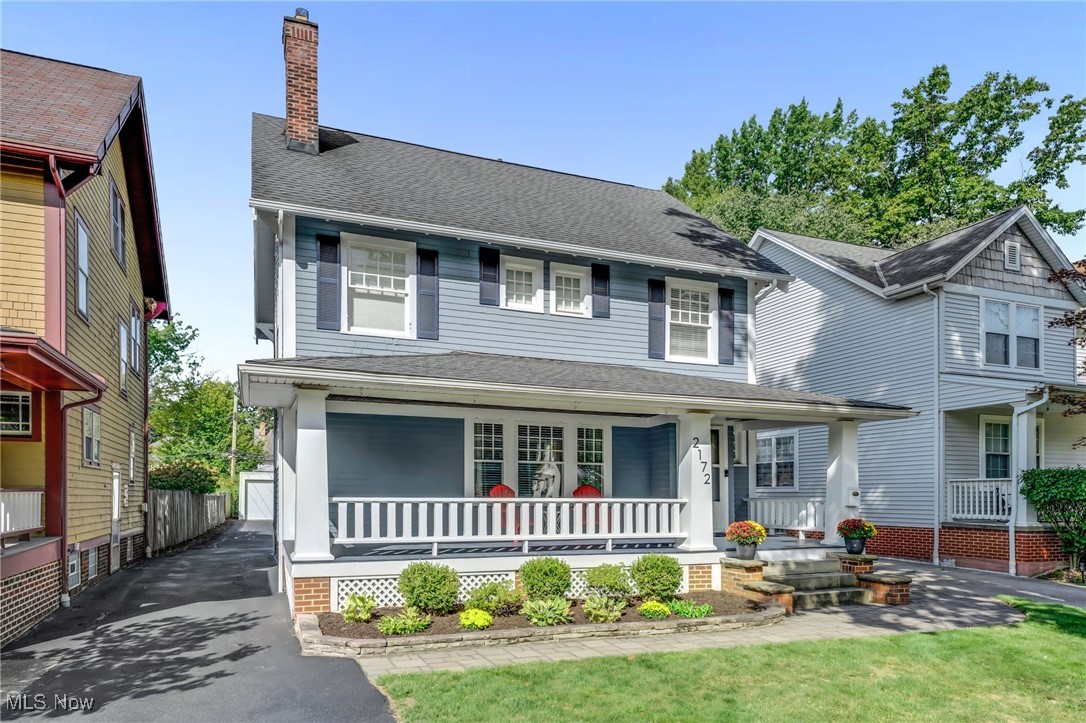 Rare offering of a quintessential front porch colonial in the Cedar-Lee neighborhood with amenities rarely seen in older homes: ENTIRE HOUSE ROMEX ELECTRICAL WIRING REMODEL (2020-2025) - plus new electric panel (2017), a spacious 2nd floor laundry room (2023), CENTRAL AIR and a delightful bonus: fully remodeled kitchen (2025). The spacious, light-filled living room features a curved fireplace flanked by bookshelves and accent lighting. The dining room presents leaded glass cabinets, an arched opening to the living room, French doors to a private home office, and is adjacent to the renovated kitchen w/a café-style 2-seat bar. The 2025 renovated kitchen boasts hickory engineered hardwood flooring, white cabinets (42?, soft-close, dovetailed), granite tops, slate finish appliances, ceramic backsplash & recessed lighting. There is also a remodeled half bath (2025). The 2nd floor features three generous sized bedrooms with ceiling fans & closet organizers, a remodeled hall bathroom (2018), and laundry room with washer/dryer. The 3rd floor (~300 sqft, not included in the total finished sqft) offers a bonus flex space with bookshelves and a huge walk-closet. Private backyard with a lovely patio & vegetable garden, 2-car detached garage. Roof (2007); furnace (2015); AC (2017); exterior waterproofing on 2 walls (2015-16); paver walkways (front, side - 2016); exterior house painting (2021); garage floor (2025) & 2nd story gutters/downspouts (2025). Exceptional Cedar-Lee neighborhood?walk to popular restaurants, coffee shops, shopping and entertainment. Minutes to University Circle's outstanding cultural hub including world-class museums, universities, and health care. Short commute to downtown. Property will be POS-compliant.
