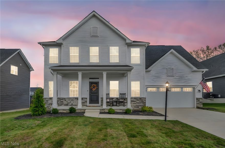 (4K Video Tour) Exceptional better than new...Stunning home, only one year old, already includes landscaping, window treatments, & thoughtful upgrades, making it move-in ready. Located in the prestigious Fairway Landing golf course community in the heart of Lafayette Township, Medina County, this is your opportunity to own a barely lived-in 2024-built Powell model. Owner is being transferred out of state, and their relocation is your gain! Exceptional home offers over 2,600 sq. ft. of living space, highlighted by a premium partial stone front elevation, a welcoming front porch with stately pillars, and an inviting interior with 9-ft first-floor ceilings. Light-filled open floor plan features walls of windows and added LED can lights for a well lit modern touch. Gourmet kitchen is designed for entertaining, complete with 42" cabinetry, 5-burner gas range, large chef’s block island with breakfast bar, and a dining area that flows seamlessly into the comfortable family room. Upstairs, a custom spindled staircase leads to the impressive owner’s suite with dual walk-in closets and a spa-like bath with double sinks and a custom-tiled shower with seat. Three additional spacious bedrooms and the much sought-after 2nd floor laundry complete the upper level. Full deep basement offers endless possibilities with rough-in plumbing for a future bath. Enjoy a social membership to Medina Country Club, providing access to the pool, driving range, clubhouse, fitness center, and restaurant. Just steps away, the Chippewa Rail Trail offers opportunities for walking, running, and biking. Home is truly better than building new!
