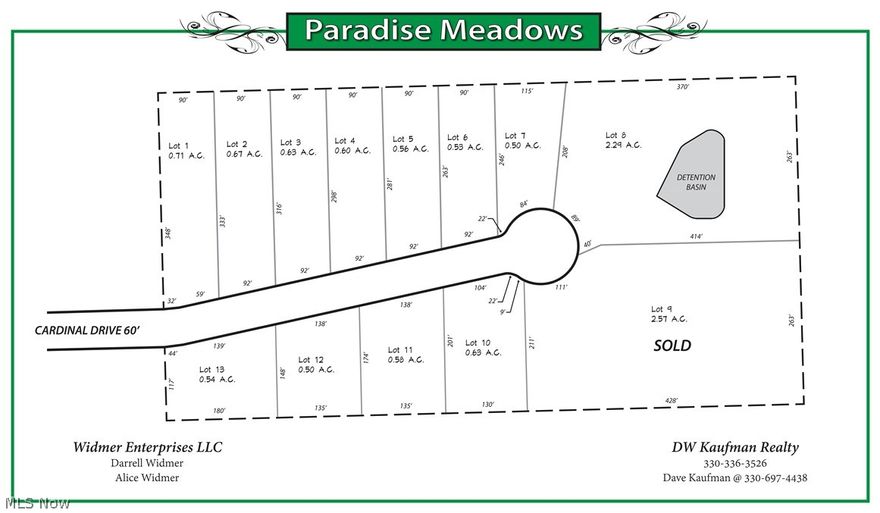 Paradise Meadows - 13 scenic lots on cul de sac city street - paved streets with curb and sidewalks - underground utilities. 11 lots with approximately .50 acres + or-. The home restrictions are from 1800 sq ft for a ranch to 2200 sq ft on a two-story. Beautiful scenic subdivision with great potential!