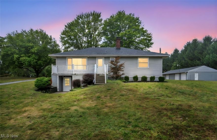 Welcome to this charming ranch-style home nestled on approximately 1.2 acres in the Green Local School District. This well-maintained 3-bedroom, 2-bath residence offers 1,232 sq ft of comfortable single-story living, with a spacious layout and plenty of character.  As you arrive, you’ll appreciate the private setting and plenty of yard space—perfect for outdoor enjoyment or future expansion. Plenty of parking with a 4-car detached garage, giving space for vehicles, storage, or workspace. Inside, the home features classic ranch styling. The living areas flow well, and some updates over the years add to the appeal: newer kitchen finishes, refreshed bathrooms, and quality flooring. Other updates include a roof (2019) updated siding, and many well-cared-for systems. The partially unfinished basement has a walk-out access .This property delivers a rare combination: generous lot size, well-maintained home, detached 4-car garage, and single-story ease of living—all in a peaceful location with good schools and easy access to amenities. Don’t miss this opportunity.