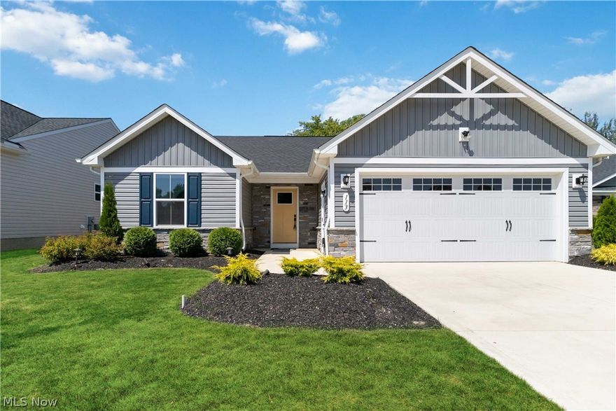 Welcome to 113 W Spring St in Elyria, a beautifully upgraded and former Ryan Homes model that is move-in ready and located in the desirable Ridge Water community. This inviting 3-bedroom, 2-bathroom residence combines modern finishes with effortless one-floor living. Step inside to find an open-concept layout filled with natural light, featuring an upgraded eat-in kitchen with quartz countertops, stainless steel appliances, upgraded faucet fixtures, a center island, and a pantry for extra storage. The spacious living and dining area flows seamlessly together, creating the perfect space for relaxing or entertaining. The flooring in this area is upgraded to a 100% waterproof LVP for ease and worry-free living. The owner’s suite offers a peaceful retreat with a walk-in closet and a luxurious en-suite bath complete with a double vanity and Roman walk-in shower. Two additional bedrooms and a second full bathroom provide plenty of space for guests or a home office. Enjoy the convenience of first-floor laundry, an attached two-car garage with a service door, and professionally landscaped grounds. Outside, unwind on the private patio area, ideal for morning coffee or evening gatherings. Upgrades total on this property around $30,000 over other base models which include the
irrigation/sprinkler system, side door on garage, alarm system, high-quality grass sod and landscaping, interior paint, outdoor patio, lighting, hard luxury flooring, and other designer selections. The low-maintenance lifestyle continues with a homeowners’ association that covers lawn care, snow removal, and gutter cleaning. Perfectly located near I-90, I-80, parks, shopping, and restaurants, this home offers comfort, style, and convenience in one beautiful package.