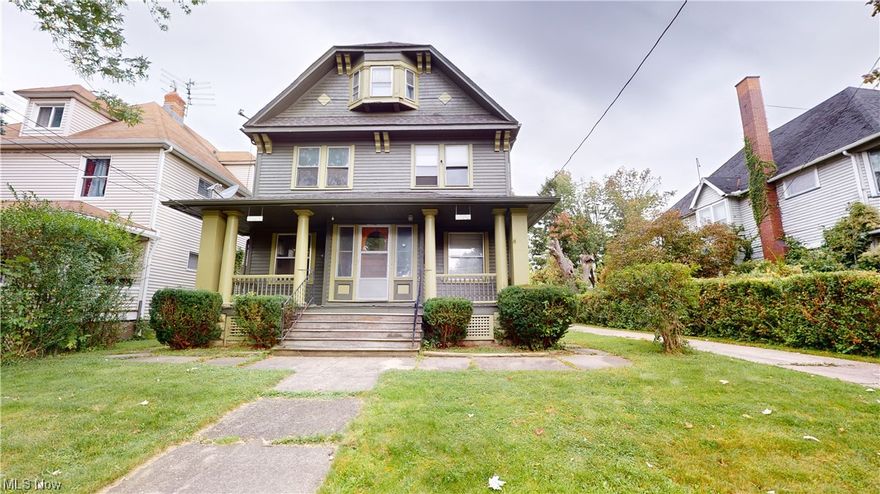 Absolutely enchanting side-by-side duplex has endless possibilities! Whether you're an owner-occupant eager to dive into the world of house hacking or a savvy investor poised to expand your portfolio, this property is a gem. With over 3400sqft of living space the front entrance welcomes you through a shared foyer, branching into individual units through interior doors.  Private porches and separate back entrances. Step inside to classic details and century-old charm. The floor plan mirrors itself in each unit, featuring an inviting eat-in kitchen with an open pantry, a spacious dining room with built-in shelving and a cozy window seat, and living rooms drenched in sunlight thanks to oversized windows. The first unit's second level boasts three generously sized bedrooms and a full bath, while the third level unfolds with two more bedrooms and another full bath. The second unit, has three bedrooms, a full bath and the attic provides ample storage space. Private basements for each unit, while a two-car garage and rear pad offer convenient parking options. A wooden fenced-in yard provides privacy. A dash of tender loving care is all it takes to transform this property into your dream haven. CHN grant home will have all-new windows ensuring lead compliance. Desirable neighborhood just minutes from Metro Health Camps, easy access to I-71 and I-90, a short ride to the Cleveland Zoo, and a hop to Downtown, this location is prime.  Seize the opportunity— (virtual staging)