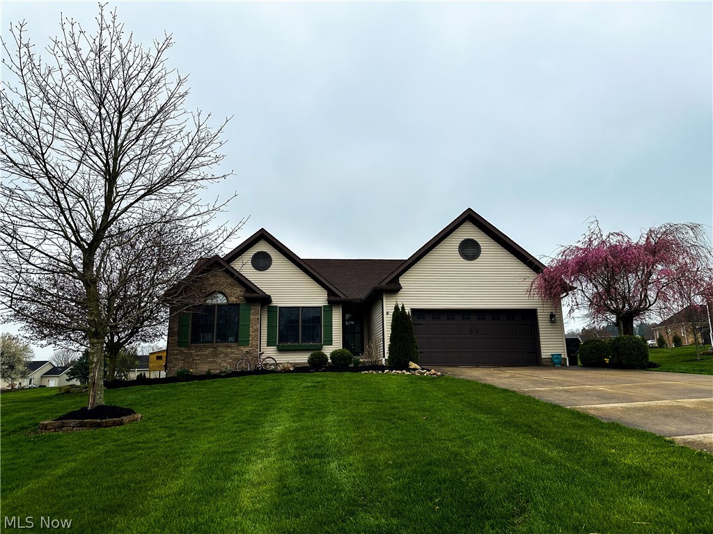 This lovely home located in Country View Estates not only has curb appeal and sits on nearly a half-acre, convenient to route 30 but, has been well maintained and cared for. This custom, split floorplan, ranch style home welcomes you into an entry that opens to the heart of the home. A vaulted ceiling living room with a brick backdrop for the wood stove and large windows overlooking the sprawling backyard. A concrete stamped patio is accessed from the eat in kitchen and offers a wonderful opportunity for entertaining guests and family. Two bedrooms and a full bath complete this side of the home. On the opposite side is a spacious owner suite which includes a large walk-in closet, a soaker tub, shower and oversized vanity. It is the perfect, relaxing, private retreat. A roomy laundry also provides a great drop space upon entering the home from the two plus car garage. And if this isn't enough, the partially finished basement adds additional living space. High ceilings, a custom bar with a cement countertop, a shiplap wall and carpet make for an inviting space plus there is plenty of storage and workspace with unlimited possibilities in the unfinished portion. Updates include but are not limited to the professionally installed hard surface floors and woodstove/chimney (2021) AC (2020) and roof (2018). You will want to call your favorite agent and schedule a showing soon!
