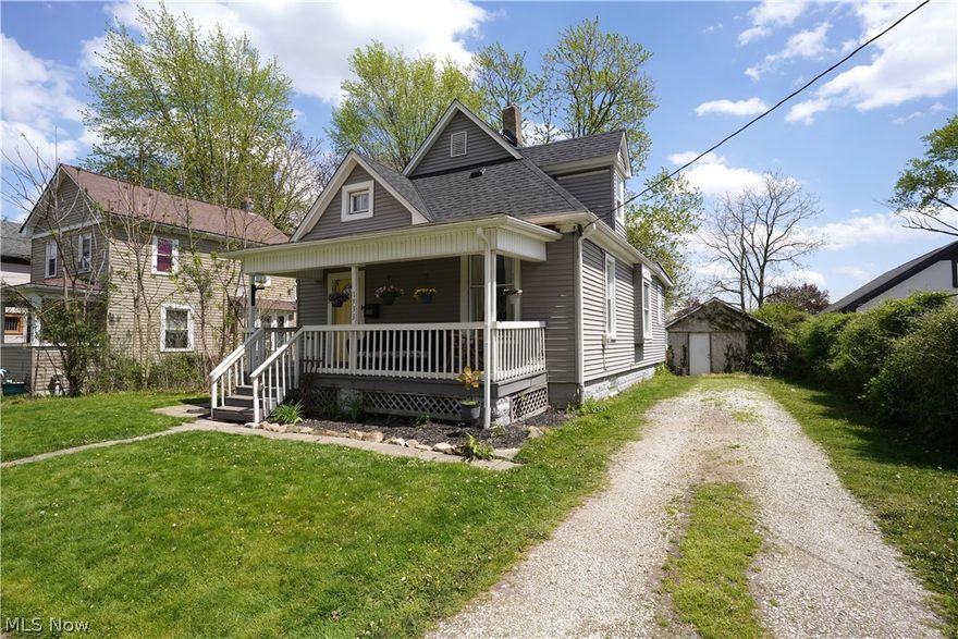 Adorable Cape Cod with 1st floor master bedroom and a full bath!  Large foyer/entry leads to cozy living room, both with hardwood floors.  Straight ahead is the eating area/dining room and kitchen with ceramic tile floors, white cupboards and all appliances that stay, pantry and full bath.  On one side is the 1st floor master bedroom with double closet and nook that is perfect size for a computer desk or bassinet.  Other side of kitchen has the side door out to the deck overlooking the .25 acre backyard with playset.  Upstairs are two more bedrooms, one doesn't have a closet but has dormer area and entry to the second full bath.  Full basement with glass block and sump pump.  Detached 1-car garage has had garage door replaced with man door and coverted to man cave/she shed or music room or whatever you want it to be, complete with drywall, window a/c and heater. Could have garage door replaced and turned back into a garage.  All kitchen appliances, washer/dryer, dining room hutch, deck table and chairs, and backyard playset stay. Updates include roof 04/24 with transferrable warranty, some newer windows, furnace parts 2023.  Close to downtown Cuyahoga Falls and riverfront activities, Natatorium, library, expressway, and restaurants.  Make your appointment today and start packing!