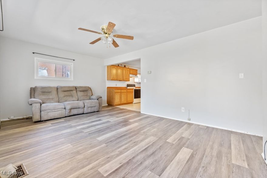 Neat, clean and a total MUST SEE! This house is a charmer. One floor living with a fresh look. Eat in kitchen, 2 bedrooms & 1 full bath. Cheery enclosed sunroom for enjoying a lovely neighborhood. Great, private back yard with nice trees and a patio for relaxing. Upstairs still needs your imagination and some finishing work. Could be a family room or a large additional bedroom - just needs drywall finished, outlets added, and floor covering of your choice installed. You don't want to miss out on this opportunity!

ALL SIZES, AGES AND SQUARE FEET ESTIMATED