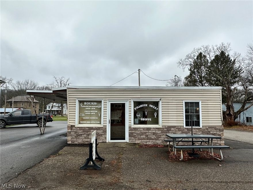 What a treat to own a part of Holmes County history!?  Killbuck Sweet Shoppe has been family owned and operated for the last 25 years; they are ready to pass on the torch.  Once started off as a double drive through in the 1950’s is now a successful restaurant with a single drive through and dining area.  900 Sq Ft is compact and great for short order cooks.  Dining area is large enough for 5 tables and there is a picnic table outside for the warmer months.  Fully operational commercial kitchen and workstation.  Current owners are willing to stay on board for a limited time to help the new owners.  Roughly $10,000 to complete the new black top parking lot in 2021.  Stop in and use your imagination, what is your entrepreneur dream?
