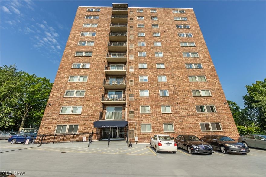 Beautiful & well-cared-for Hilliard House condo in the heart of Lakewood & close to Lakewood parks, Lake Erie, schools, stores, & wonderful eateries! Enter onto gorgeous wood laminate flooring in the spacious L-shaped living/dining areas! Appreciate the view out the slider & enjoy the wonderful balcony! Bright & tidy kitchen w/ all appliances & new LVP flooring! Off the kitchen, laundry w/ full-size washer/dryer & extra cupboards for both laundry & to use as pantry! Generous-sized MA bedroom w/ ensuite half bath! Enjoy the outdoor heated pool all summer long. Garage designated parking space w/ this unit (not all include) & a large storage locker in LL of building for storage needs. Meticulously maintained building with lovely entry level living room w/ fireplace and lower level community party room w/ full kitchen for gatherings! Even a small workout room! And if you want a spectacular view of Lakewood and beyond, just take the elevator to the Penthouse level & enjoy the rooftop lookout for awhile! Living here offers so much variety! Secure entry, plenty of guest parking, and all utilities except electric included with monthly fee! New flooring & carpeting throughout, '16; fresh paint throughout; built-in shelving,'17. New electric panel/outlets, '16; New HVAC, '18; updated full & remodeled half bath, '22; Newer floor & other kitchen updates, '22. NO PETS ALLOWED. Make the Hilliard House your next home! AND ask your agent for all the MLS Supplements!