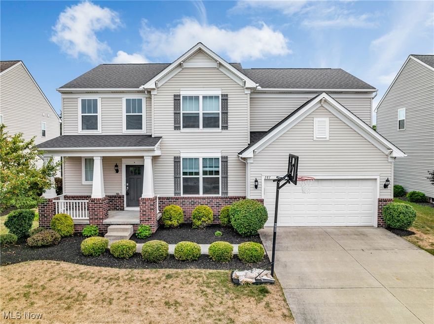 Welcome to this charming front porch colonial in the desirable community of Aberdeen in Highland Heights. The two-story foyer has hardwood flooring that continues through the main living spaces and has a private library offering the ideal space for a home office or quiet study. The comfortable great room has a cozy gas-starting fireplace, and walls of windows and adjoins the chef's kitchen with a sliding door to the deck and yard. The kitchen has plenty of gleaming white cabinetry with granite counters, and stainless appliances including a 5 burner gas cooktop with a hood that vents outside, a wall oven with a separate microwave, and an LG refrigerator. There is a convenient walk-in pantry, and a separate "office cubby" and the back hallway includes a second huge closet/ pantry and access to the 2 car garage. Upstairs, all rooms have newer carpeting and the generous-sized loft can provide a separate family room, study space, or office. The primary bedroom suite has a spacious walk-in closet and private bath with a double vanity and large shower. Three additional bedrooms have walk-in closets, share the hall bath and all bedrooms have ceiling fans. How convenient! The laundry is found up here as well! The lower level is unfinished and offers potential for future expansion and is plumbed for a bathroom. With newer carpeting and freshly painted, this home is ready for its new owner! Don't miss out!
