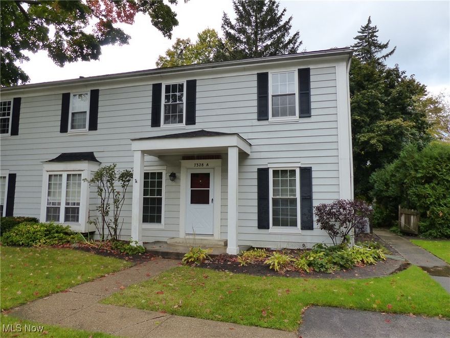 Welcome to Village Green in the Heart of Mentor. Heinens and restaurants at the top of the street. Townhome quietly situated towards the back of the community, , Covered front porch to tiled entry, open style living room and dining room, kitchen with all appliances plus breakfast bar, NEW electrical panel, Bedrooms upstairs with laminate flooring, mini blinds, berber carpet, full bath with ceramic flooring, laundry closet conveniently located upstairs plus washer and dryer, replacement windows,  one car detached garage, guest parking, unit is close to the community center, water is also in the monthly HOA fee.