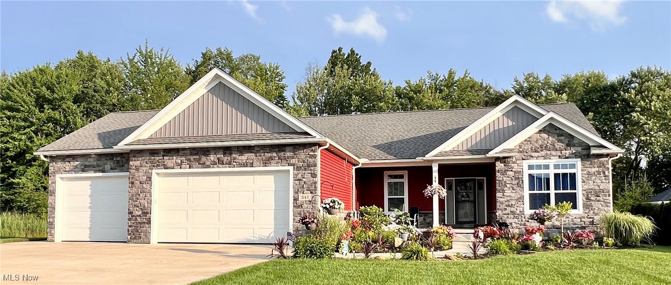 VERY MOTIVATED SELLERS !!!! Call and make an appointment to see what this newer home has to offer. 341 Cherry Ridge is ready for you to move in ! Step into comfort and style with this beautiful Stone enhanced exterior, recently landscaped Ranch home. Completed in 2020, this newer build features a bright open floor plan, with all the amenities of one floor living. The over-sized 3+ car garage is insulated and has a gas hookup for heat if desired. It also includes updates: a direct drive Liftmaster garage door opener , and sink with hot and cold water. The driveway provides ample concrete parking for multiple vehicles. Convenient one floor living in a desirable new development. Central location with easy access to shopping, restaurants, parks, and entertainment.
A fenced in backyard with two level patio, 12x16 Gazebo, Additional natural gas hookup for grilling or fire pit. A custom built 12x12 shed was added by owners, built to match the home. Features doors on both ends for convenient access. This home was updated at build with many extra features, such as premium cabinets, Solid core doors throughout. Custom ceiling panels in kitchen and main bedroom. first floor office/computer area with convenient half bath nearby. Other additions include 8ft garage doors, and Transom window in garage. 4 ft. wide front sidewalk to door. All ADA compliant doorways. Gas and Electric to washer and dryer. Laundry room is oversized with sink. The basement has a finished rec room featuring laminate flooring, painted walls and ceiling, and ample storage. It also includes a fully finished bathroom with shower.