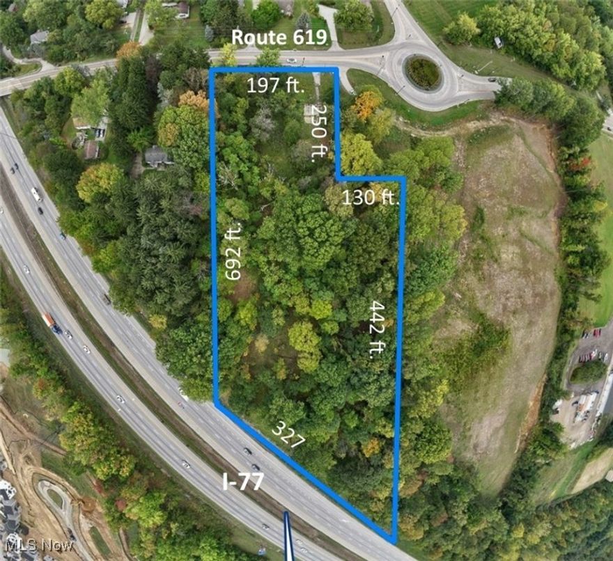 There will be a fourth leg of the Pickle circle with another access to property. This vacant lot is 3.68 acres and is commercially zoned General Industrial I-1. Additional 8.3 acres can be purchased that is bordering this property separately through a different seller - totalling 12 acres. Approximately 327 feet of frontage and visibility on I-77 and 197 feet of frontage on Route 619. Also borders small piece of land .66 acres owned by the City of Green (which they would be willing to sell). See city ordinances for complete list of allowed uses Section 157.085. Traffic count over 14,000 at Route 619 at Massillon Rd and over 112,000 Route 619 at I-77.