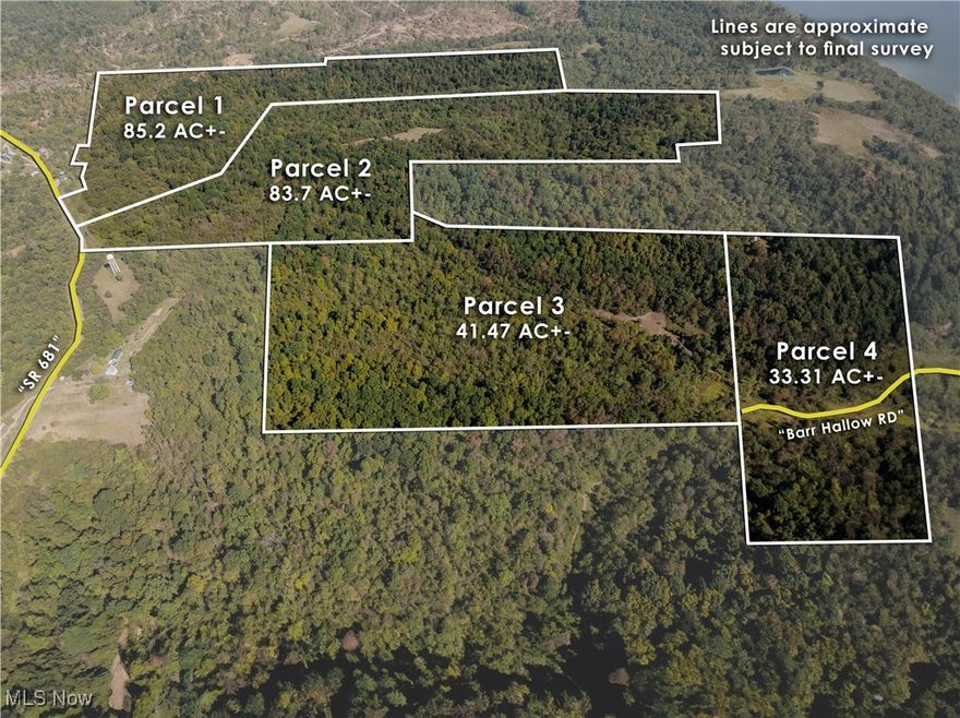 Online Auction 11/1/2024 - Parcel 1: 85 +/- acres with 358’ frontage along OH-681. Mostly wooded with trail access. Hunting, privacy, and natural beauty, this property has it all. Offered in four tracts, 242 acres of mostly wooded, rolling hills.  This property has good access and a trail system throughout. Parcel 2 offers a large food plot along with an elevated blind. Immediate Hunting Rights will be granted. Don’t miss out on this unique property!