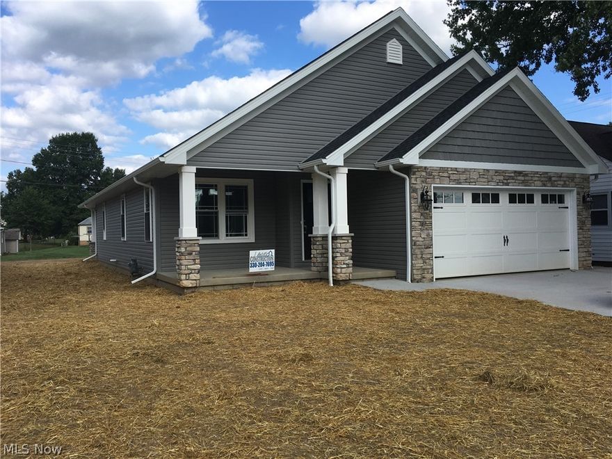 Brand new, quality built stone and vinyl ranch.  3 bedrooms, 2 full baths.  Walk in pantry in the kitchen with access to the 13 X 10 covered porch.  Walk in closet in the master bedroom with full bath.  The master bath includes double sinks, soaking tub, separate shower.  First floor laundry room.  Full, 12 course basement roughed in for a full bath.  2 car attached garage.  Lawver Construction.  Taxes reflect the land only.