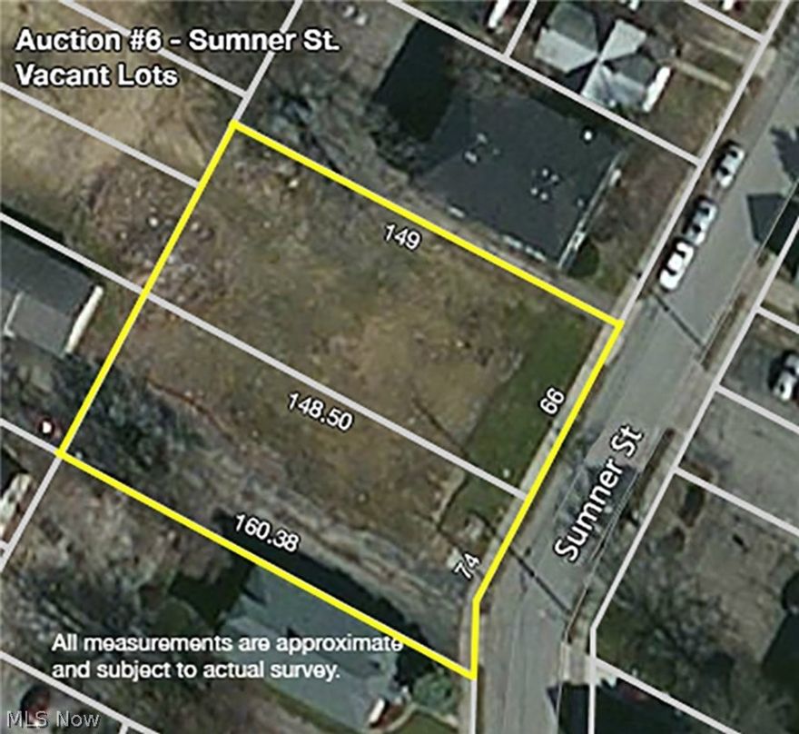 THIS IS AUCTION #6 - Attention Investors And Builders - (4) Apartment Buildings (22+ Units) And Vacant Lots - 2 Blocks From University of Akron - ABSOLUTE AUCTION, all sells to the highest bidders on location: Thursday – November 17, 2016 – 12:00 PM Noon – Auction #6 – Sumner St. Vacant Lots (Auction Location) - Lot approx. 140 x 150 – 2 parcels #6704313 and 6831296 (Owner had plans for multi-family buildings; call for details) - *Auction Note: Will not be sold as entirety – All properties sold separate. *Terms On Real Estate: 15% down auction day, balance due at closing. A 10% buyer’s premium will be added to the highest bid to establish the purchase price. Any desired inspections must be made prior to bidding. All information contained herein was derived from sources believed to be correct. Information is believed to be accurate but not guaranteed. All units will be sold from one location at 436 Sumner St., Akron, OH.  - MLS #'s for the other auctions are as follows: Auction 1 MLS #3