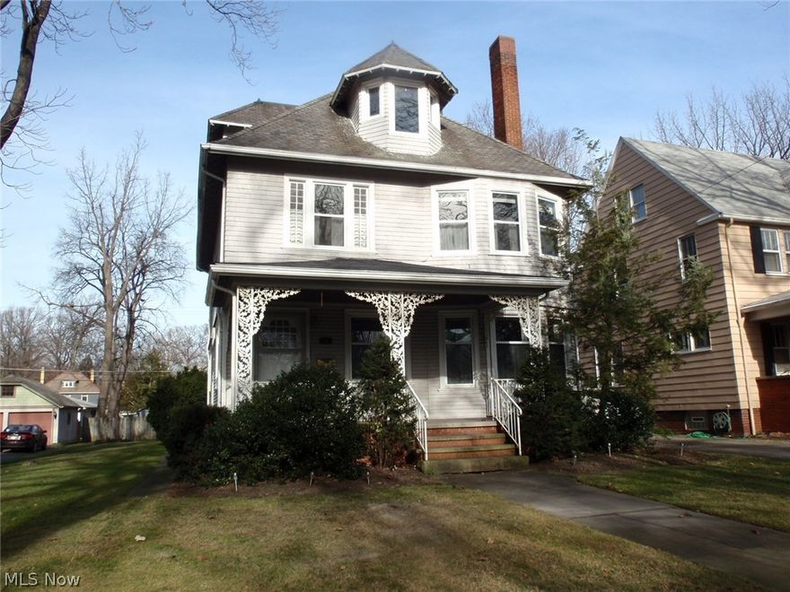 Grand, older colonial on tree lined street in the heart of Elyria.  Covered front porch will lead you to the foyer entry where the living room is separated by pocket doors.  Living room extends across the front of the home and has fireplace.  Formal dining room also has a fireplace plus there is an eating area in the kitchen.   There is a first floor bedroom with a private full bath, plus 4 large bedrooms and full bath on the second floor.  Facing the south, this home has an abundance of natural sunlight.   There is wood flooring under the carpeting.  Home has a full, walk up attic.  Rec room in the basement has bar and wood paneling.