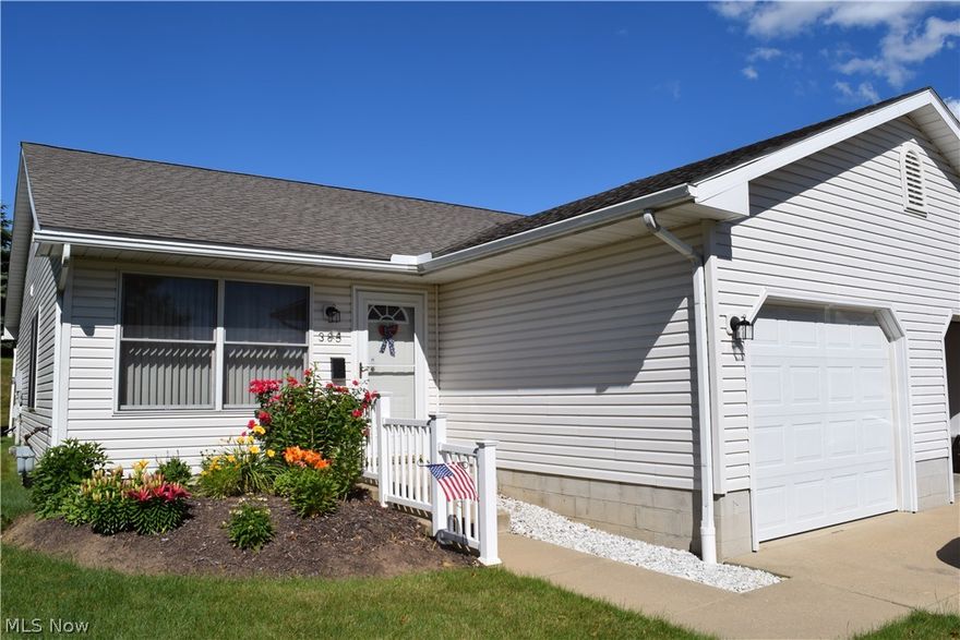 Easy one floor living! 2 Bedroom, 1 bath ranch twinplex (one side only) on a slab. 1 Car attached garage with cold water, drain, keyless entry and pull down stair case to attic for additional storage. Master bedroom features 2 closets, master bath with stand alone shower. Main bath has tub/shower. Patio access from Bedroom #2. Washer and dryer about 1 year old in the 1st floor laundry.