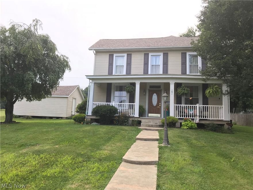 Gorgeous country setting for this well maintained older 2 story home w/many upgrades: roof, siding, windows, furnace, air, kitchen island, Corian countertops w/ molded bowl in kitchen & bath, 1st floor laundry off kitchen, beautiful wood floors, newer carpet, wood deck to 22x32 storage Bldg & NEWLY built 30x42 pole building/ garage, 12’ ceilings, 8’ doors w/high tech openers,  well insulated walls,, separate electric & solid concrete floor w/floor drains plus 12x40 covered side porch added side po Bonus room upstairs could easily be 3rd bedroom (currently used as office space) Master bedroom has private entrance to full bath. Home has public water, Columbia Gas,AEP electric, & Spectrum cable/high speed internet. John Glenn School District.  Gorgeous sunsets from backside of this gently rolling little piece of heaven!