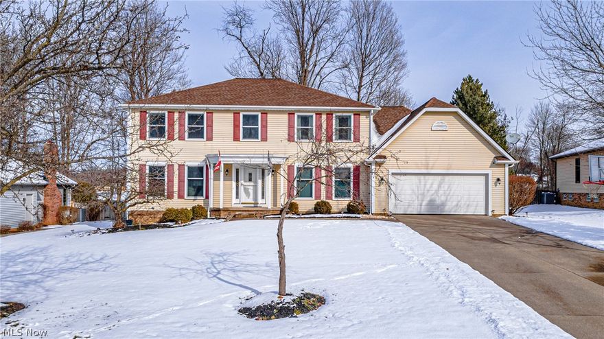 Welcome to this beautiful 5-bedroom colonial in Solon’s Oakview Estates! This home has over 3,000 square feet and so much to offer! The 2-story foyer will greet you from this sweeping stair case, with views of the spacious living room w/ French doors and a 1st floor flex room being used as an office ~can also be a 1st floor 5th bedroom. The great room is flanked w/a vaulted ceiling, masonry fireplace, plenty of natural light and picturesque views of the backyard. You will be taken back by the space of the kitchen including full appliances, island and a large eat-in-kitchen with access to the deck. The dining room allows for easy access to the kitchen for entertaining and an open feel to the living room as well. This level also has a laundry room/mud area and a full guest bathroom, which is convenient if using the 1st floor flex room as a bedroom. As you enter the 2nd floor, you will love the enormous owner’s suite w/hardwood floors, vaulted ceilings, a walk-in, ensuite, w/vaulted ceili