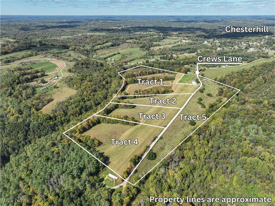 Online Auction ending November 21st at 6 pm. Situated along Crews Lane in Marion Township, this 69.8-acre property offers lots of possibilities. Five tracts to choose from, ranging from 6.5 acres to 28 acres. The land consists primarily of rolling meadows, which are ideal for building, pasture for livestock, and hay production. Some fencing is in place, and there is a small block barn on tract 5. Electric service is available. The property is located just outside of Chesterhill and is close to Burr Oak Lake & State Park. The sellers do not own the mineral rights. Morgan Local School District. The current annual property taxes are approximately $17.00 per acre. Do not miss this opportunity to purchase a great land investment! Acceptance of auction terms is required prior to bidding. Auctioneer can provide bidding site.