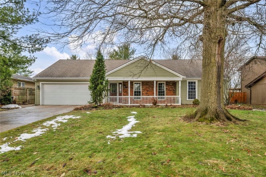 This well-maintained Ranch home is located on .29 of an acre parklike property in the Hunting Meadows neighborhood in Strongsville, with a covered front porch, spacious paver patio and pergola, charming water feature pond, and fenced backyard, creating a private retreat for relaxing or entertaining. The home offers 1,692 sq ft with 3 bedrooms, 2 full baths, and flexible open living spaces and beautiful woodwork throughout. The kitchen features Corian countertops and a butcher block peninsula and is open to an inviting family room anchored by a stone fireplace with built-ins on both sides and direct access to the back patio. An open living and dining room also has built-in cabinetry. The primary bedroom includes a walk-in closet and en-suite bath with walk-in shower. A dedicated laundry room, oversized attached 2-car garage with built-in cabinets and pull-down access to a storage attic, and backyard shed provide additional storage, convenience, and functionality. Recent updates include: A/C, water heater & washer/dryer (2021), refrigerator & stove (2018), windows and heater (2016). Roof was replaced in 2011. Other updates over the years include: concrete driveway, kitchen remodel, master bath shower & hall bath remodels, paver stone path, patio & pergola, water feature, Pergo LVP flooring, wood burning fireplace insert, security system, storage shed, and more. INCLUDED are ALL kitchen appliances, washer/dryer, desk in front bedroom, window treatments, and a 1-year home warranty. Conveniently located near I-71, OH-82, US 42, SouthPark Mall, Mill Stream Run Reservation, Cleveland Hopkins International Airport, and plenty of other shopping, restaurants, and other local attractions. This home is a must see!