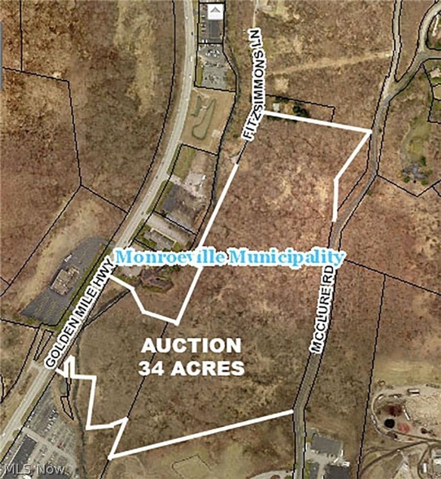 34+ Acres Of Vacant Wooded Land - Sold On-site With Online Bidding Available - Monroeville, PA – Allegheny Co. - Zoned R-1, R-3, And S-Conservancy – Access On Three Roads - Public Utilities – Good For Development Or Ideal Single-Family Nature Hideaway – Sold From Fitzsimmons Ln. Cul-de-sac - Allegheny Parcel #s 1243-K-00102-0000-00; 1243-N-00219-0000-00; 1243-N-00189-0000-00 – Sold As One Unit - Convenient Access To I-376, I-76, Rt. 22, Etc. – Minutes To Pittsburgh – Mineral Rights Transfer – ABSOLUTE AUCTION, all sells to the highest bidder on location: WEDNESDAY – AUGUST 11, 2021 – 12:00 PM. TERMS ON REAL ESTATE: 10% down auction day, balance due at closing. A 10% buyer’s premium will be added to the highest bid to establish the purchase price. Any desired inspections must be made prior to bidding. All information contained herein was derived from sources believed to be correct. Information is believed to be accurate but not guaranteed. Property to be sold as an Entirety and not to b