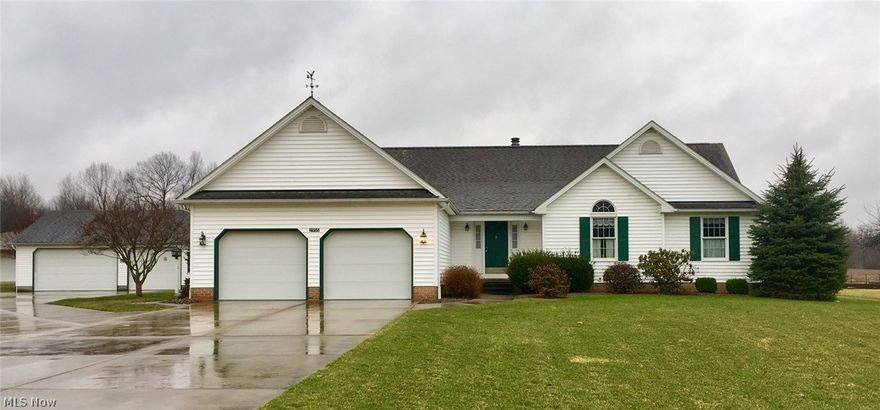 Clean, move-in ready, pre-inspected one floor country living!  Situated on over an acre, this one owner three bedroom ranch has tons of curb appeal!  It features two and a half baths, first floor laundry with cabinets and folding table, and quality Andersen double pane windows throughout.  A very spacious light-filled eat-in kitchen offers a convenient island, as well as a built-in desk and pantry. Step outside onto the covered porch for warm weather grilling and dining.  Natural backyard views are yours through the distinctive bay window in the formal dining room.  The great room welcomes with a floor to ceiling fireplace, soaring ceiling, and hardwood floor entry foyer.  There's a roomy 2-car attached garage PLUS a 3-car separate garage for all your "toys".  Make this space your own!  This great home has been well maintained.  A real find!