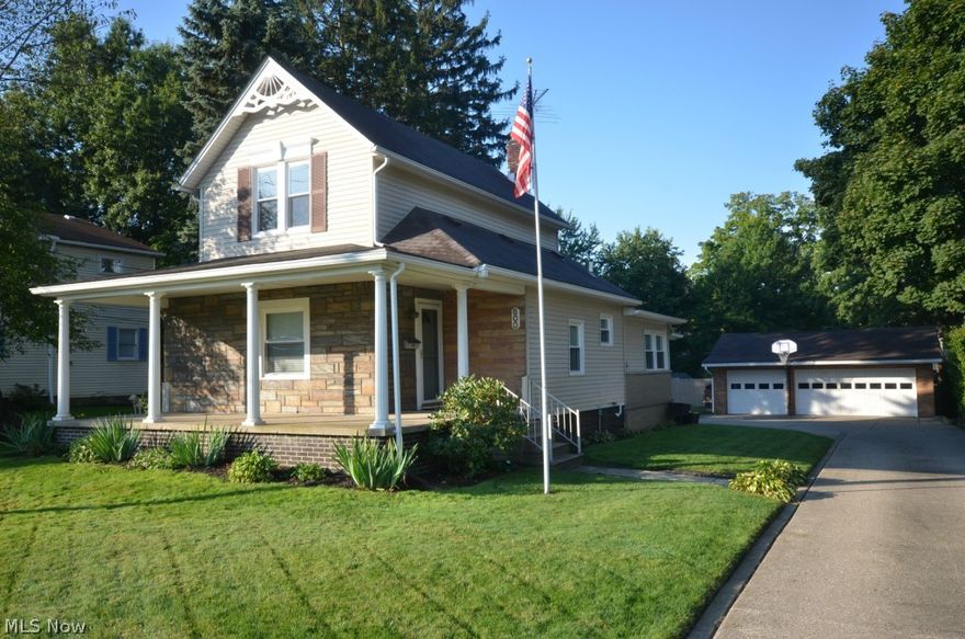 Incredible opportunity-3 car heated garage & updated home! Giant covered front porch leads to living rm w custom lighted crown molding on dimmers plus built ins. Dining rm w sconces, built ins & crown molding. The kitchen is incredible! Complete remodel w KraftMaid solid Cherry cabinets w crown molding, 42” uppers, tile backsplash, enclosed refrigerator, pot/pan drawer & much more. Double oven range & French door refrigerator too! Spacious mud room / laundry room rear entrance is convenient & remodeled with new flooring, paint & sliding glass door w interior blinds. 1st floor bedroom w big closet & an updated full bth w tile floor & shower/tub. Raised panel interior doors w updated hardware too! Upstairs features additional bedrooms & a cedar closet. Full basement w full bath & 150 Amp Elec on breakers. The back yard has a firepit in addition to the 3 car heated garage all block/brick construction, electric, drain, workbench w cabinets, gas heater & utility door. Updates include: ’13 D