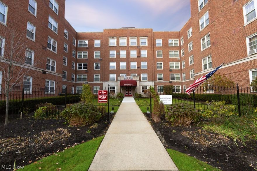 Welcome to Shaker Club, a premier condominium community! On the fifth floor, this one bedroom condo boasts as much square footage as many of the two bedroom condos in this building; you will feel the size as soon as you walk in! The living space is remarkably large and light filled, your dining table has its own  spot, and the kitchen is very functional with plenty of cabinets. The lovely bedroom has two closets, and there are three other closets in the condo as well. The bathroom is adorable, original tile in pristine condition and newer toilet and pedestal sink. This special condo has been home to an artist for many years, who transformed it into a perfect studio. Overhead directional lighting was added along with a wall of cork board for displaying art, whether yours or that of your favorite artist. Shaker Club features a wonderful patio overlooking the golf course, newly remodeled party room with a full kitchen, fitness room, and conference room for your use. Each condo has its own