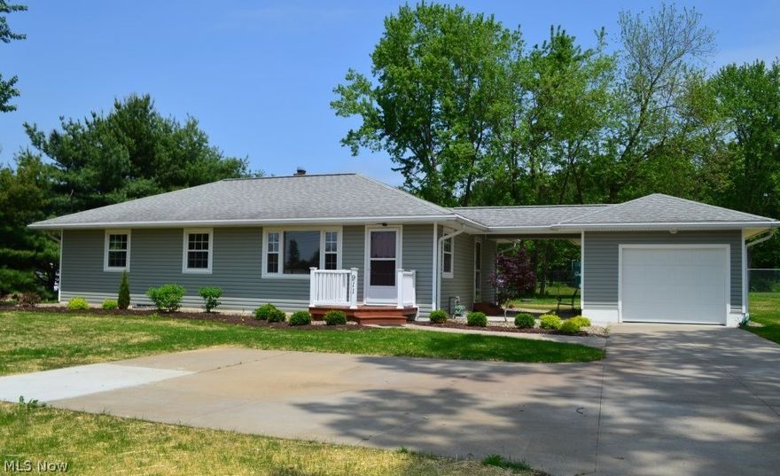 Single floor living in this completely renovated, move-in ready ranch in New Franklin Township.  Great curb appeal with new siding, newer roof and beautiful landscaping.  Gleaming refinished hardwood floors throughout living room and bedrooms.  Living room open to kitchen with new cabinetry, SS appliances and space for dining.  Three bedrooms and full bath with updated vanity, flooring and tub/shower.  Lovely covered breezeway connects home to garage with new concrete floor and garage door. Sliding doors added to kitchen eating area and offers access to new paver patio with stone columns.  Full basement awaiting your finishing touches. Shed for additional storage. Additional updates include new concrete to portions of driveway and breezeway area, plumbing, light fixtures and newer vinyl windows.  Turn key, ready for immediate occupancy!