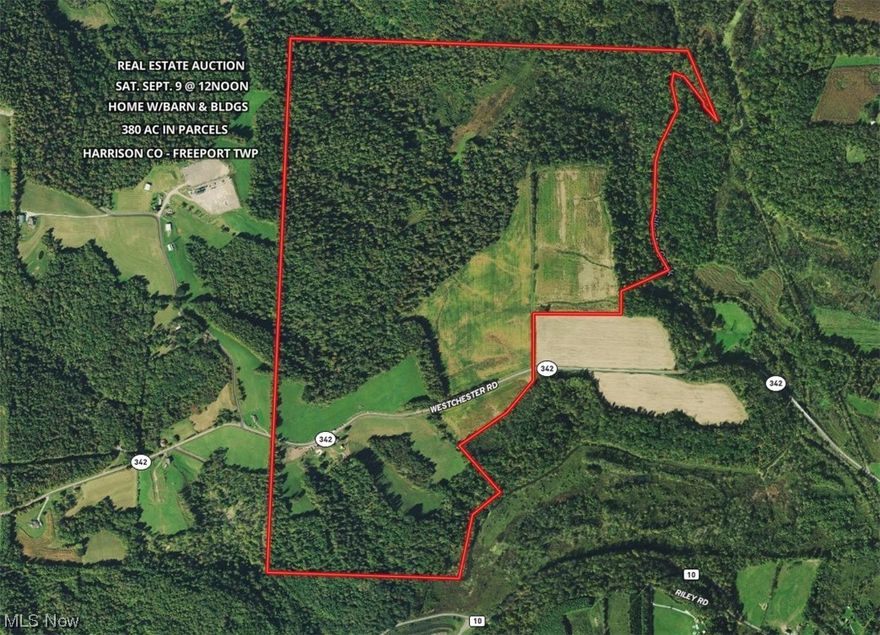 PREMIER LAND AUCTION - SEPT. 23 @ 12NOON. 380 Acres in 3 Parcels. Harrison County - Freeport Twp.  Former Milarcik Family Farm property.  This property is locate only 2 miles west of Freemont and 4 miles from Clendenning and 6 miles from Piedmont Lake. Century Farmhouse consists of approximately 2,400 sqft w/3 Bed, 1 Bath w/detached garage and 3 barns. There is approximately  65 acres of tillable ground with the remaining acreage being wooded/pasture.  This is a great opportunity for those looking for a large farm with home and buildings or those land enthusiasts looking to enjoy it via hunting/recreation.  Plenty of wildlife on this land w/whitetail and turkey running all across it. Mineral Rights do not transfer.  Surface Rights only will transfer. Bidding to be Live w/Online Bidding Available. Terms: 10% down day of sale with the balance due in full at closing. Buyer's Premium of 10% added to the high bid to determine the total purchase price. Any desired inspections to be completed prior to the commencement of the bidding. All information contained herein was derived from sources believed to be correct. Information is believed to be accurate but not guaranteed.